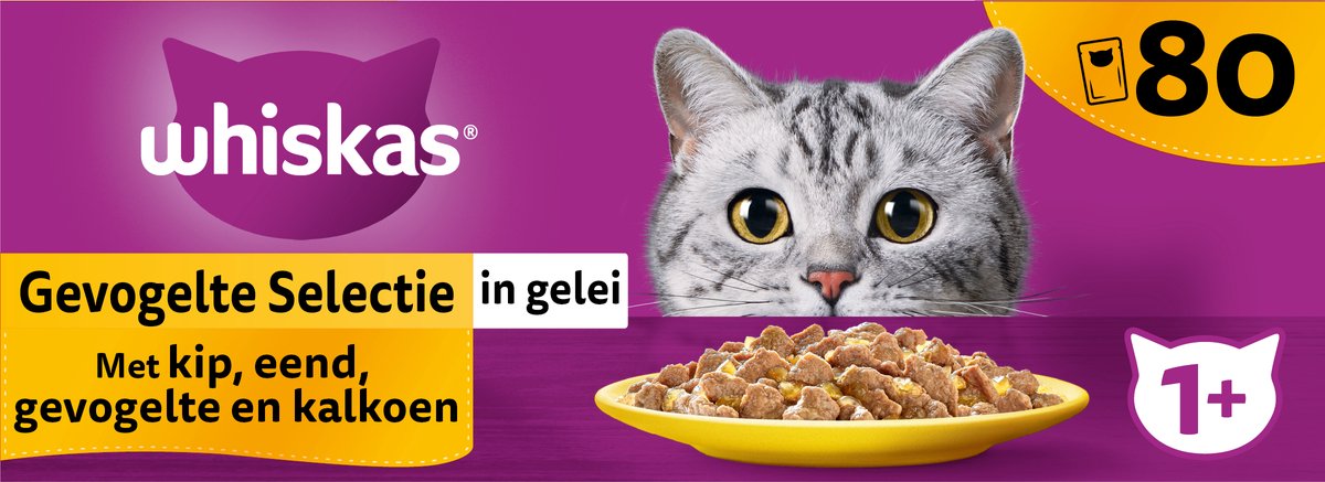  Whiskas 1+ Natvoer - Gevogelte - Selectie In Gelei - Maaltijdzakjes 80 X 85 G