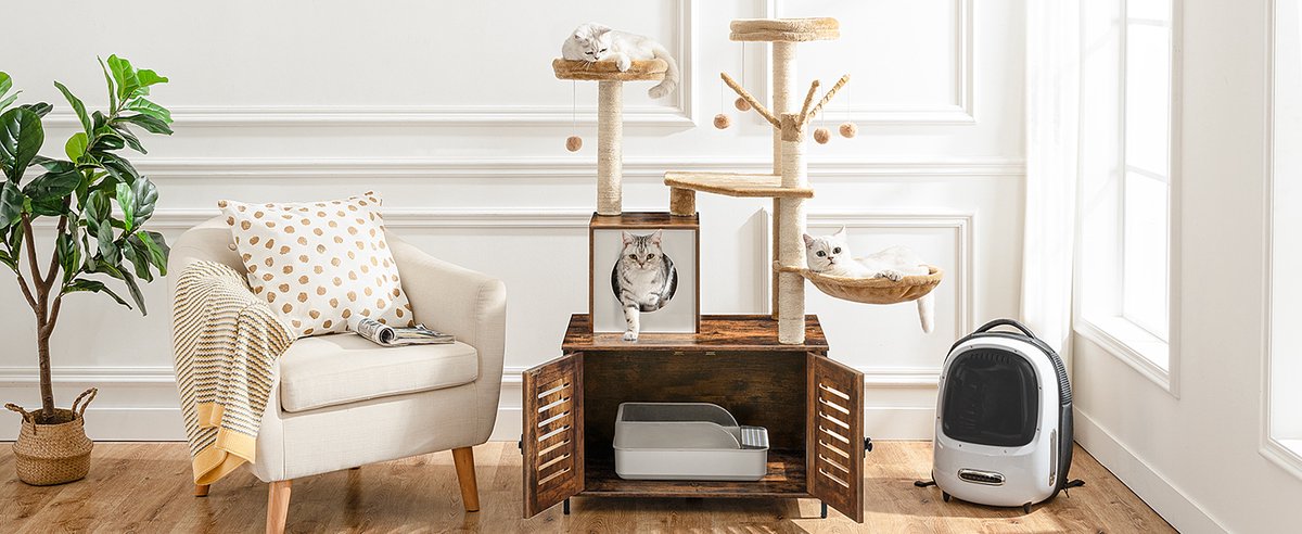  IN.HOMEXL All-In-One Kattenmeubel Alba - Krabpaal Met Kattenbak - Hangmat Mand Katten Huis - Kattentoiletmeubel - Bruin - 70x132x48cm