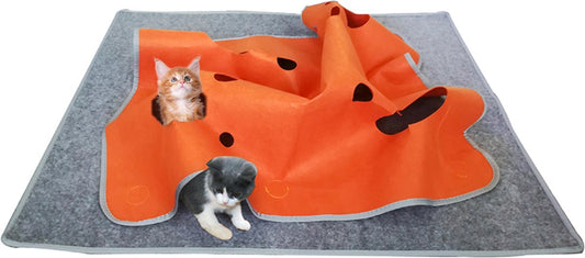  Moowi - Katten Speel Kleed – Kattentunnel – Hide And Seek Spel – Deken Kat – Kattenspeelgoed – Speelmat Katten Grijs – Incl. 2 Sisal Ballen En Verenspeeltje