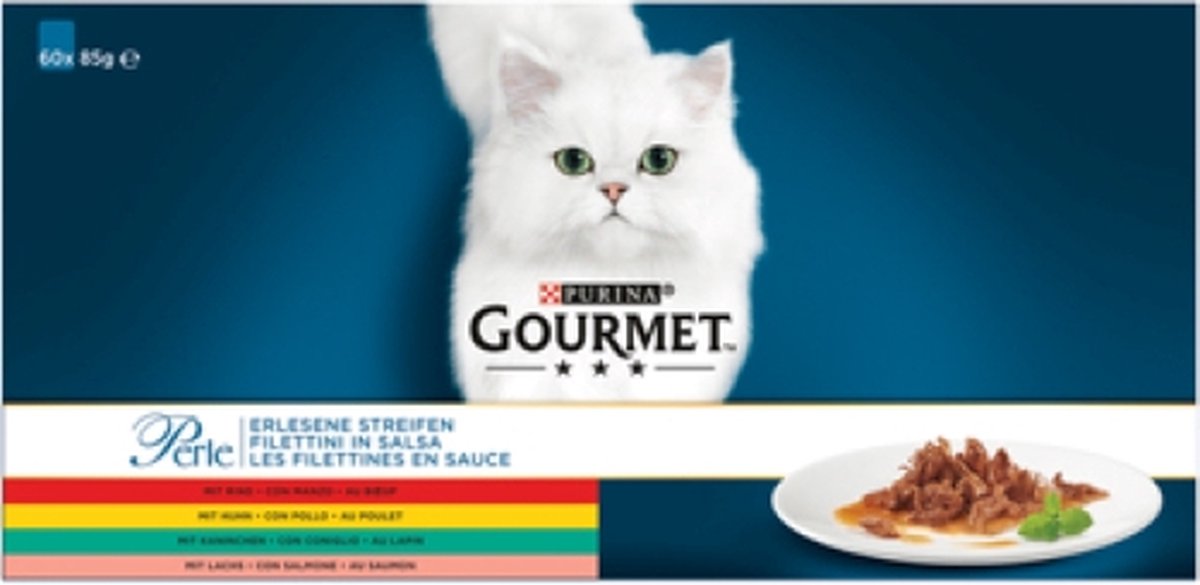  Gourmet Perle Mini Filets In Saus - Kattenvoer Natvoer - Kip, Konijn, Rund &amp; Zalm - 60 X 85 Gr