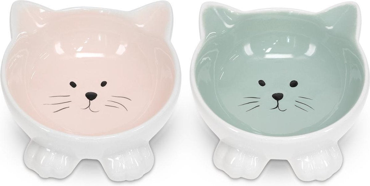  Navaris Voerbakjes Voor Katten - Set Van 2 Voer- En Waterbakken - Etensbak Van Keramiek - Met Antislip Voetjes - Kattenvorm - Roze/Groen