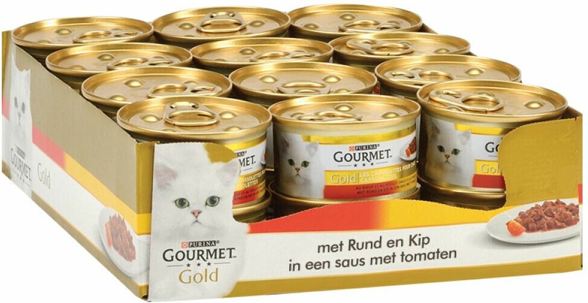  Gourmet Gold Cassolettes - Kattenvoer Natvoer - Rund En Kip In Een Saus Van Tomaat - 24 X 85 Gr