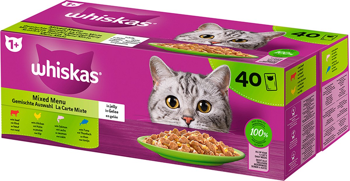  Whiskas Nat Kattenvoer 'Mixed Menu' In Gelei MEGAPACK - Rund, Kip, Zalm &amp; Tonijn - 40 X 85g