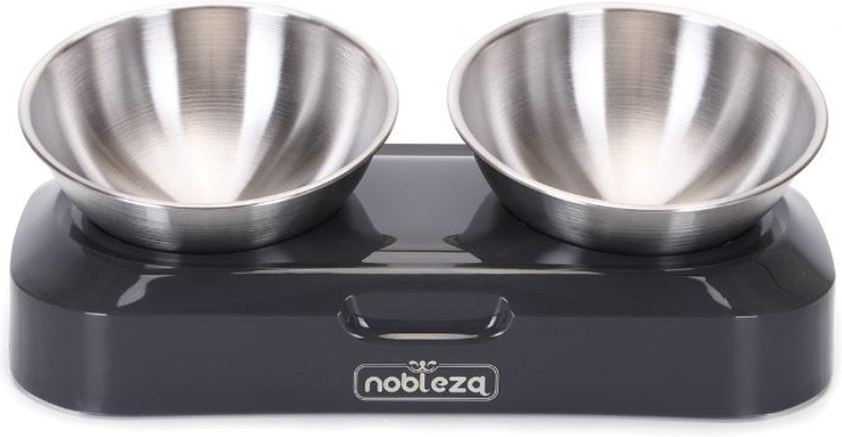  Nobleza Katten Voerbakjes - Ergonomische Dubbele Voerbak - Anti Braak Voerbak Voor Katten - Zwart - Dubbel - RVS