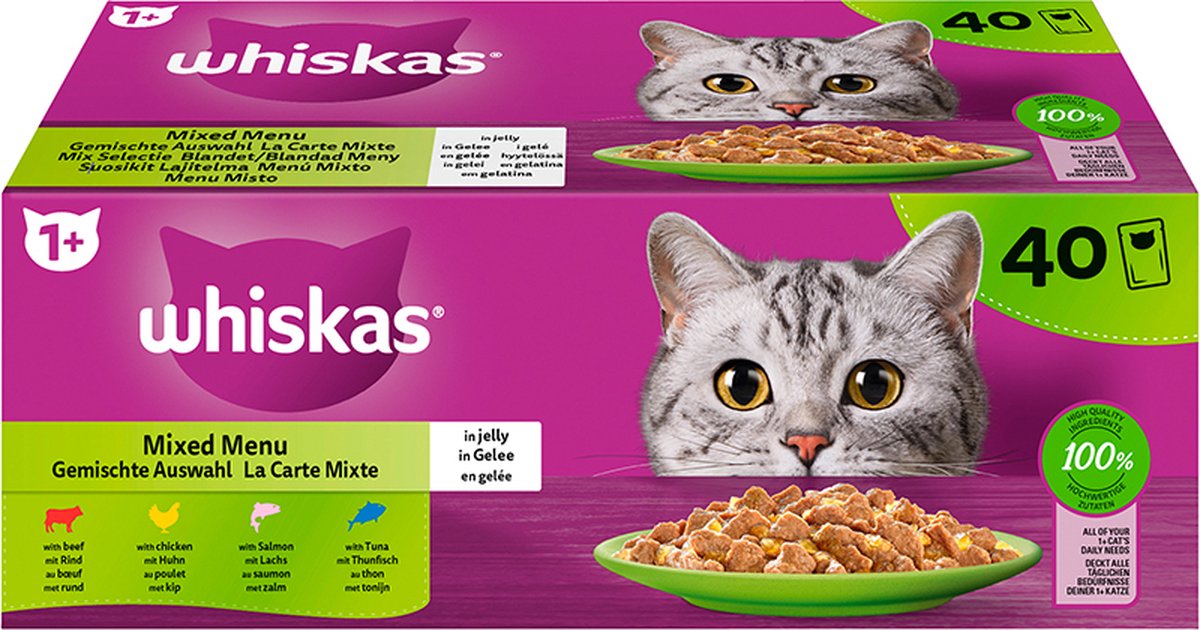  Whiskas Nat Kattenvoer 'Mixed Menu' In Gelei MEGAPACK - Rund, Kip, Zalm &amp; Tonijn - 40 X 85g
