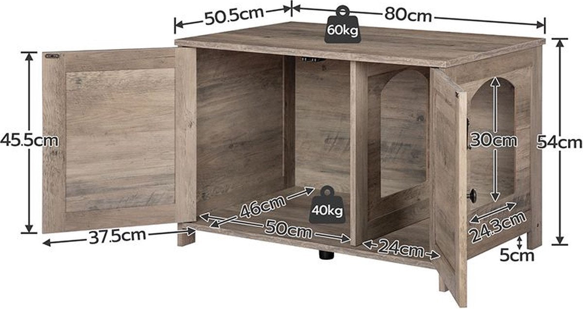  Kattenhuis Met Dubbele Deurtjes - Kattenkast Met Ruimte Voor Kattenbak - Kist Met Grote Opbergruimte - Bruikbaar Als Bank &amp;bijzettafel - Voor In Slaapkamer &amp; Gang - Greige