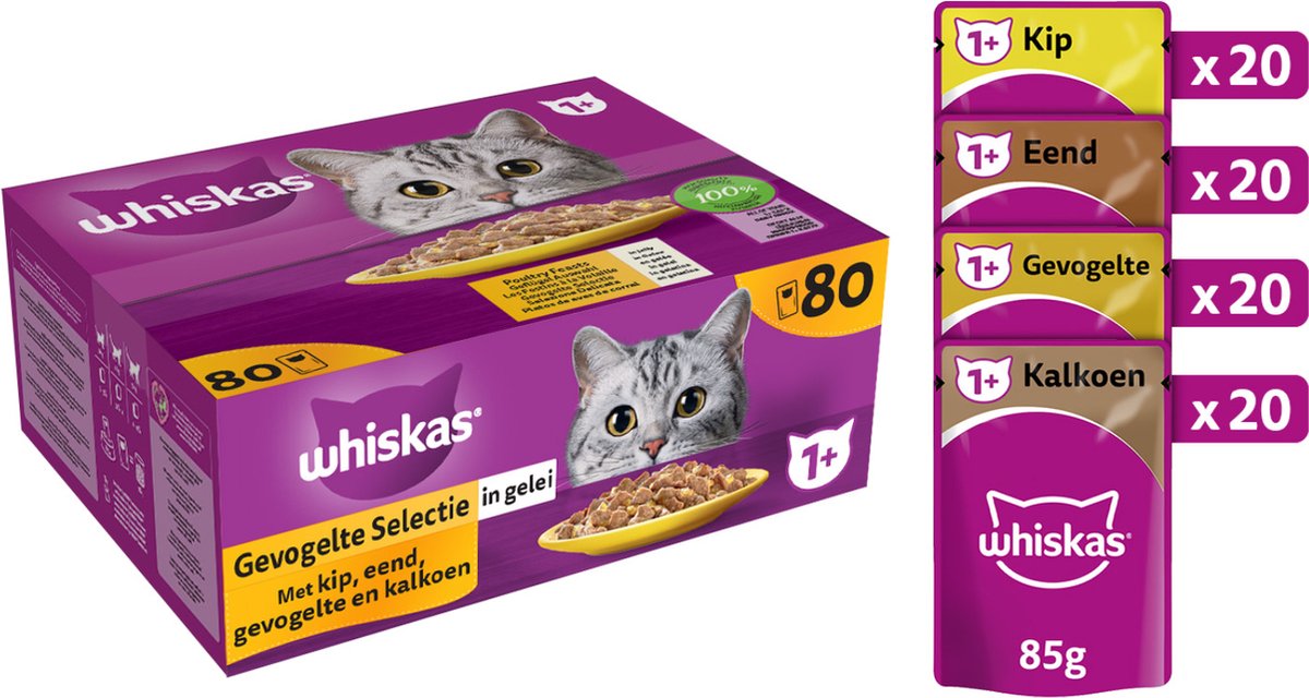  Whiskas 1+ Natvoer - Gevogelte - Selectie In Gelei - Maaltijdzakjes 80 X 85 G
