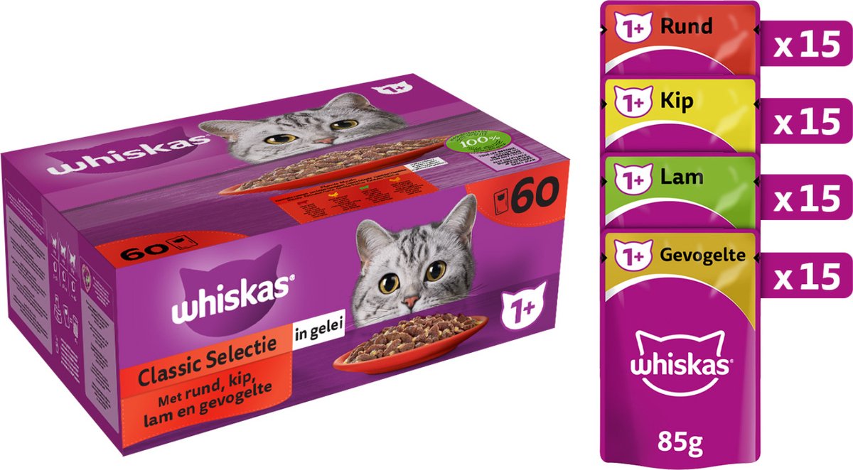  Whiskas 1+ Natvoer - Classic - Selectie In Gelei - Maaltijdzakjes 60 X 85 G