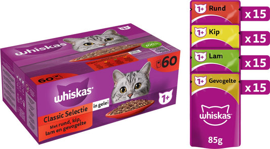 Whiskas 1+ Natvoer - Classic - Selectie In Gelei - Maaltijdzakjes 60 X 85 G