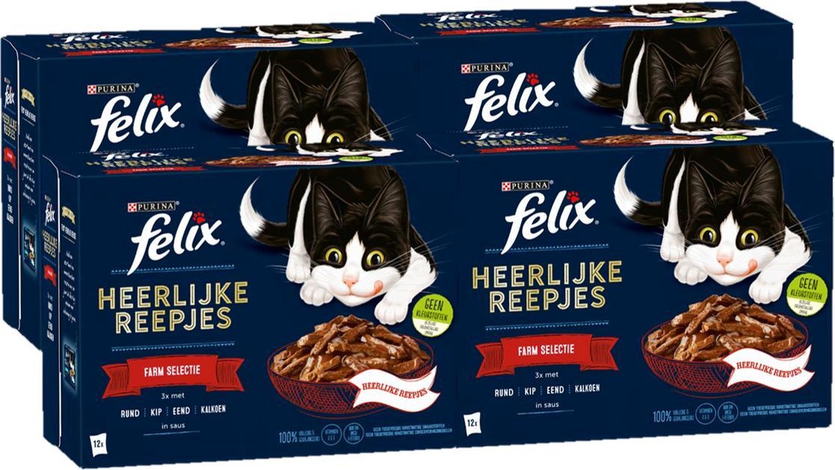  Felix Heerlijke Reepjes Farm Selectie Box - Katten Natvoer - 4 X 12 Zakjes Van 80g