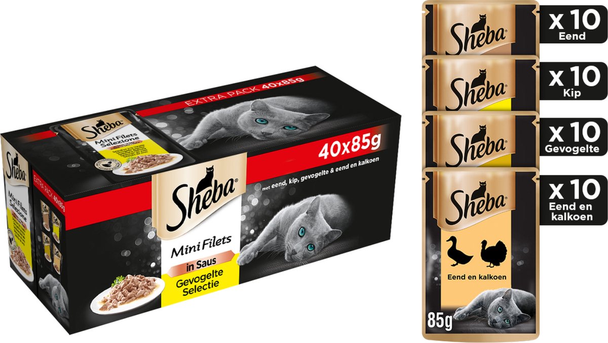  Sheba Mini Filets In Saus Kattenvoer Maaltijdzakjes Gevogelte 40 X 85 G