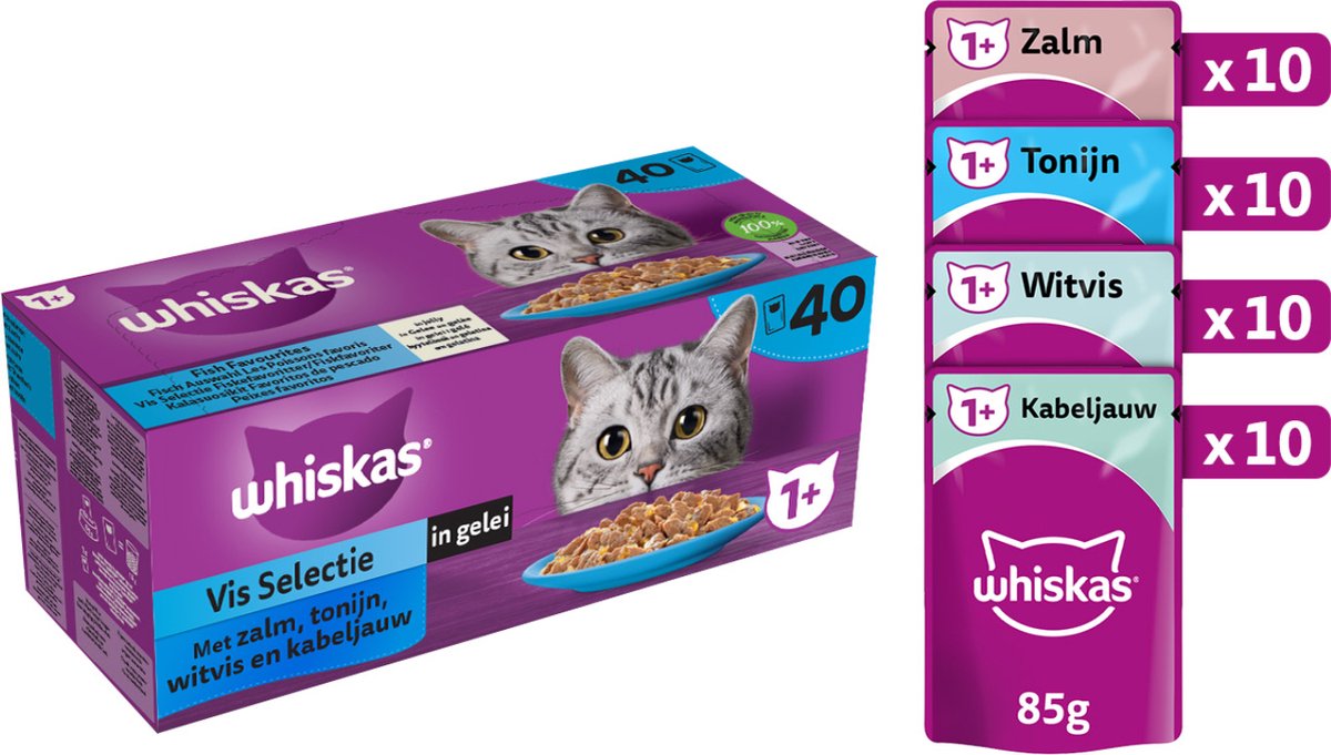  Whiskas 1+ Natvoer - Vis - Selectie In Gelei - Maaltijdzakjes 40 X 85 G