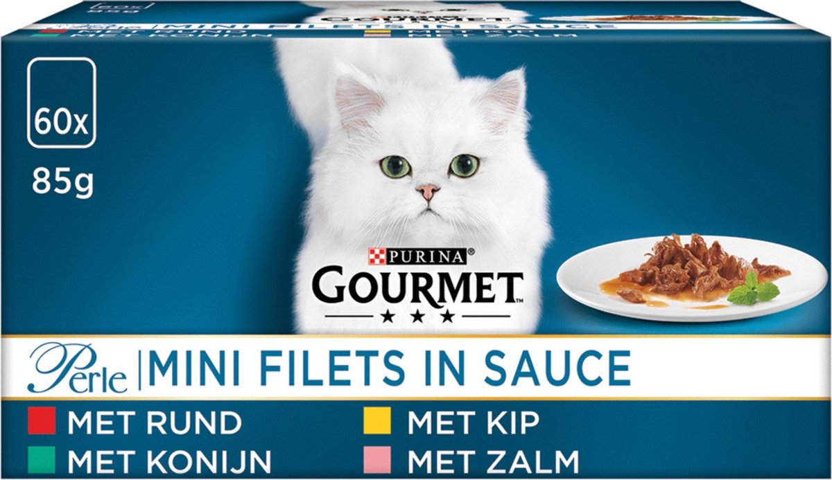  Gourmet Perle Mini Filets In Saus - Kattenvoer Natvoer - Kip, Konijn, Rund &amp; Zalm - 60 X 85 Gr