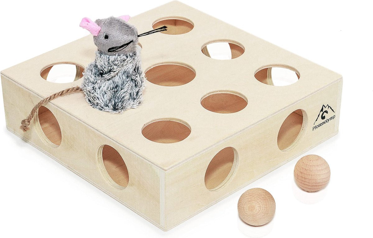  Pfotenolymp® Interactief Kattenspeelgoed / Speeldoos Met Speelballen &amp; Speelmuis - Houten Speelgoed Voor Katten - Mollenspel / Vangspel / Jachtspel