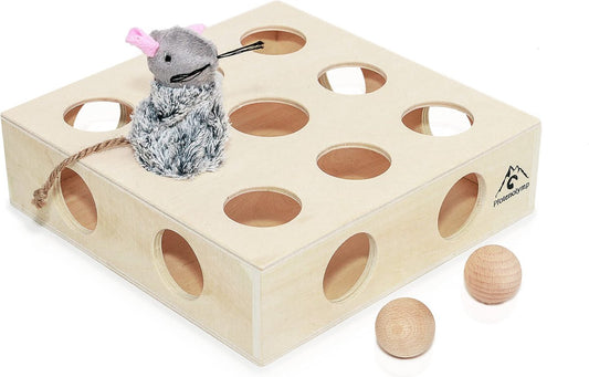  Pfotenolymp® Interactief Kattenspeelgoed / Speeldoos Met Speelballen &amp; Speelmuis - Houten Speelgoed Voor Katten - Mollenspel / Vangspel / Jachtspel