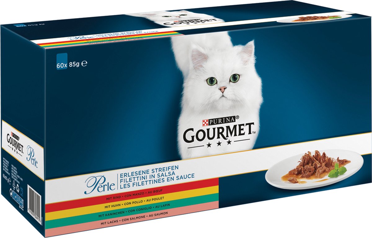  Gourmet Perle Mini Filets In Saus - Kattenvoer Natvoer - Kip, Konijn, Rund &amp; Zalm - 60 X 85 Gr