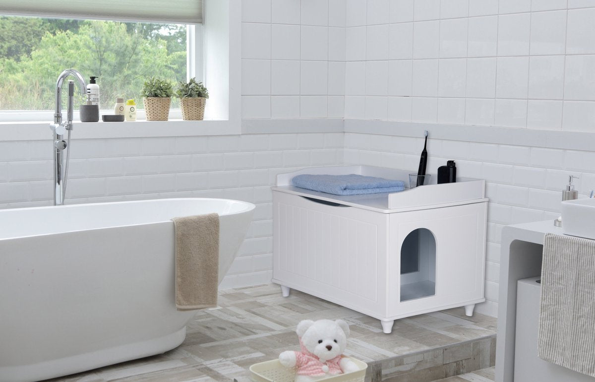  WONDERMAKE® Grote Kattenkast Houten Voor Kattenbak-box Kattentoilet, XL-kattenbak Dressoir Kastje, Designer Kattenhuis Met Kattenhol Kattenmand, Kasten Kast Voor Badkamer, 73,5 X 51,5 X 57 Cm, Wit