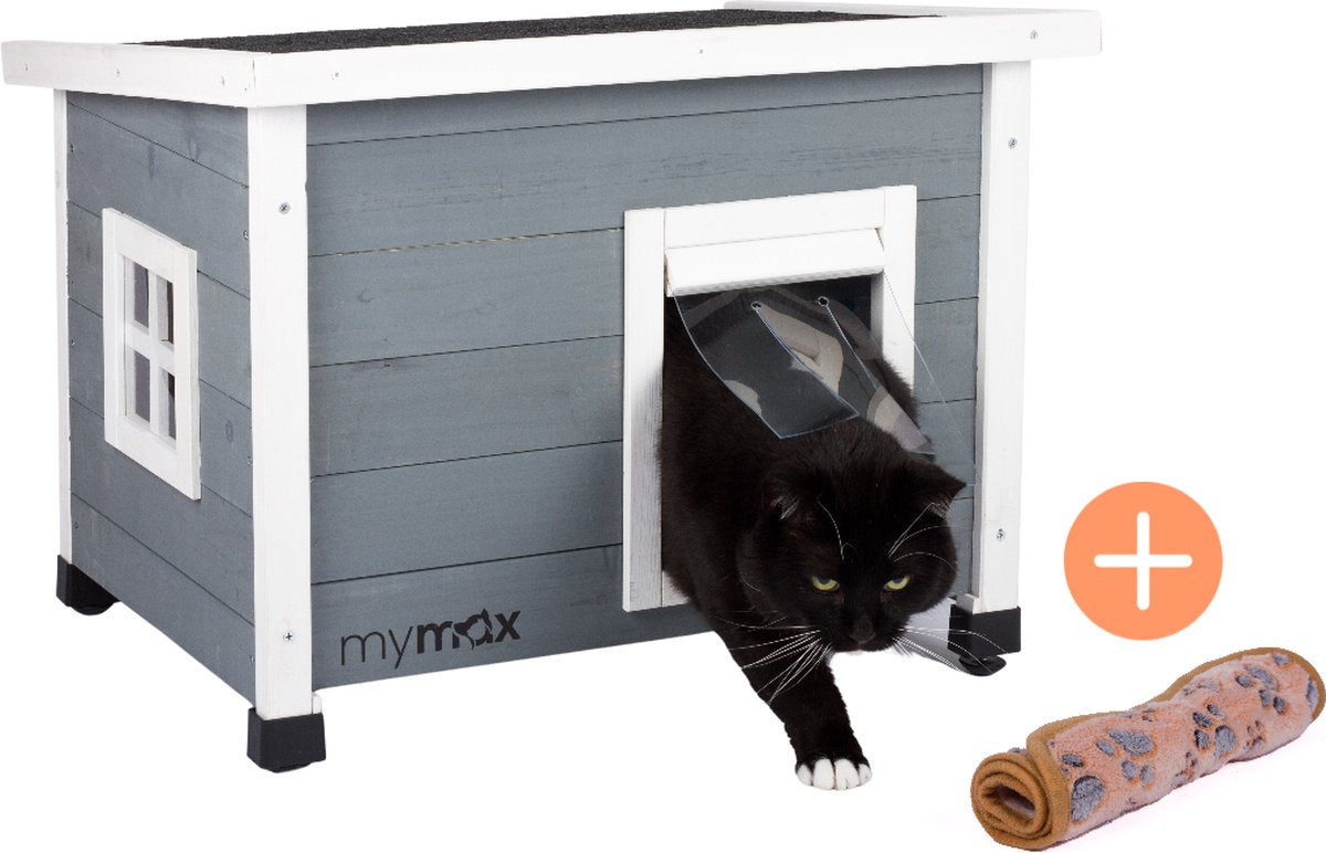  MyMax Kattenhuis - Hout - Openslaand Bitumen Dak - Kattenhuis Voor Buiten - Kattenhok - Kattenhuisje Hout - Grijs - 57*45*43CM