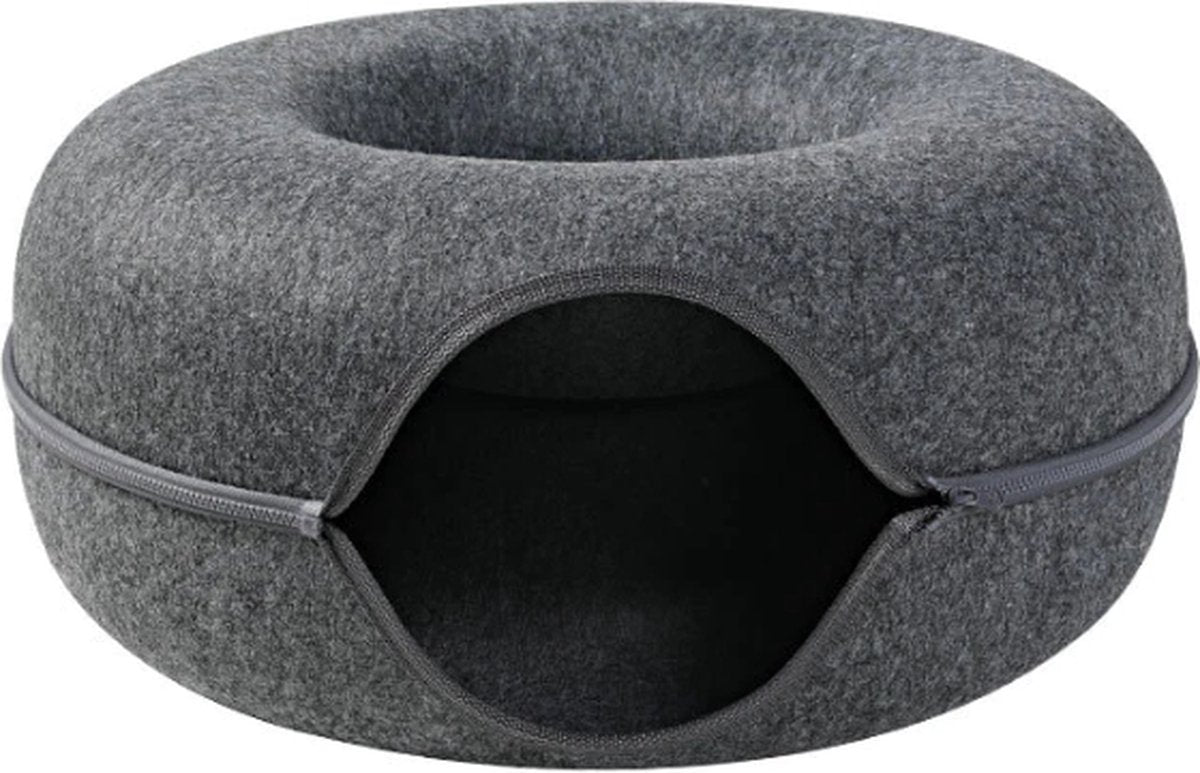 Merkloos A.K.A. Kattentunnel En Kattenmand In-1 – Kattenspeelgoed Speeltunnel Kattenhuis – Kattenhol Rond Kattenspeeltjes - Cat Cave Donut - Antraciet Vilt