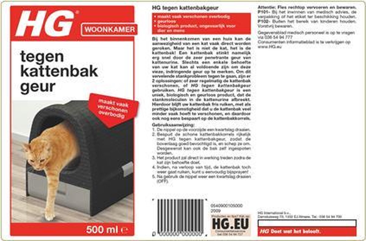  HG Tegen Kattenbakgeur - 500ml - Ongevaarlijk Voor Dier En Mens - Geurloos