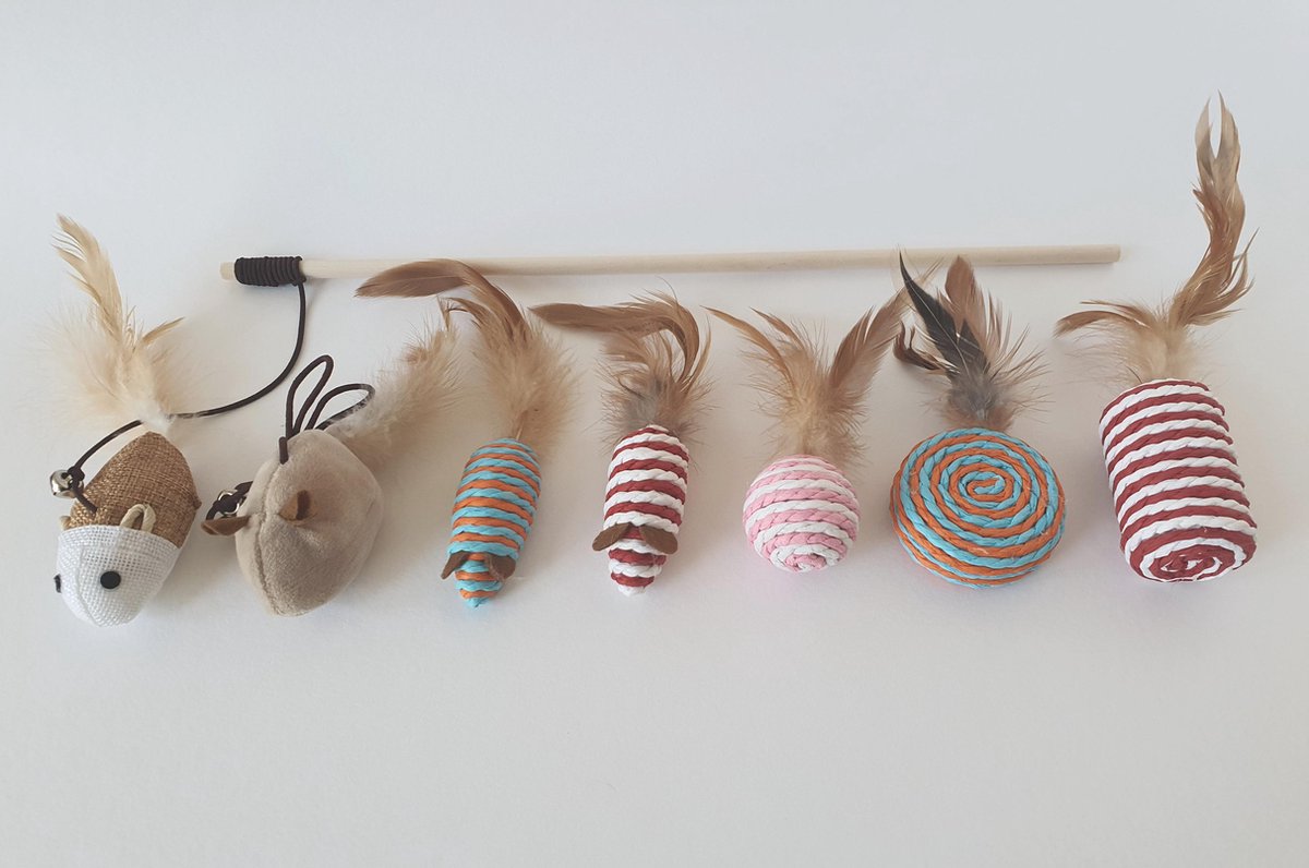  Make Life Beautiful® - Kattenspeeltjes Set - 7-delig - Kattenspeelgoed - Kattenhengel - Speelmuisjes - Kattenspeelgoed Set