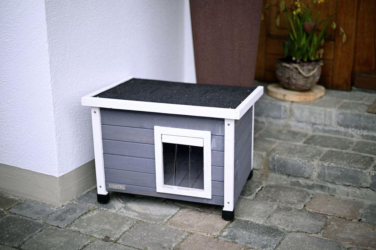 Merkloos Rexa® Kattenhuisje Van Dennenhout Wit/grijs 57x45x43cm | Kattenmand Voor Buiten Of In Huis | Beschermt Kat Tegen Kou En Geeft Veilig Gevoel | Makkelijke Ingang | Hoogwaardig Hout | Kattenbak | Katten Huis