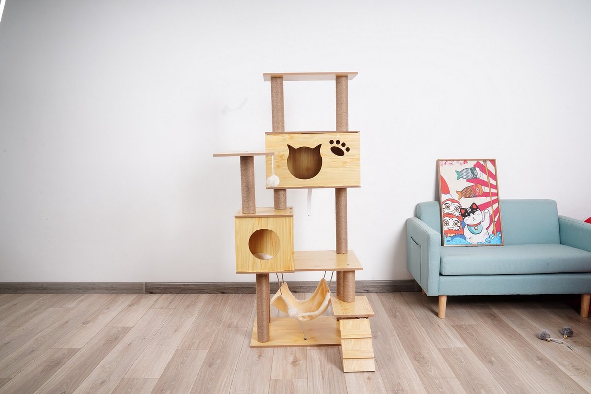  Katten Krabpaal - Houten Krabpaal - 150cm Hoog - Hout - Sisal