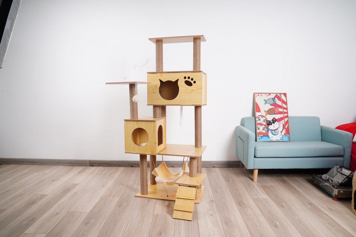  Katten Krabpaal - Houten Krabpaal - 150cm Hoog - Hout - Sisal