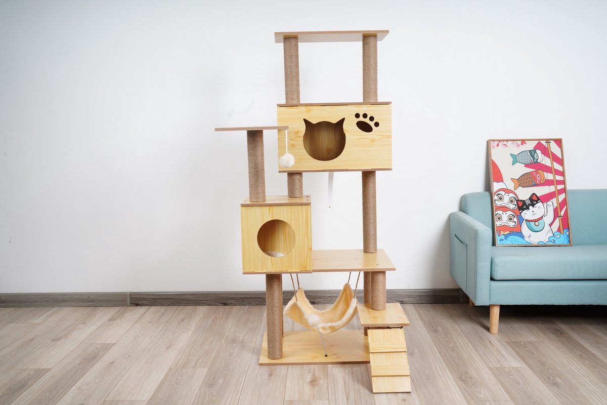  Katten Krabpaal - Houten Krabpaal - 150cm Hoog - Hout - Sisal