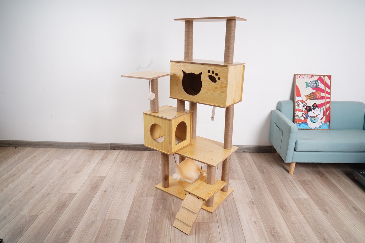  Katten Krabpaal - Houten Krabpaal - 150cm Hoog - Hout - Sisal