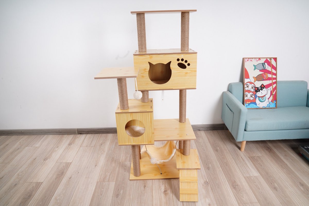  Katten Krabpaal - Houten Krabpaal - 150cm Hoog - Hout - Sisal