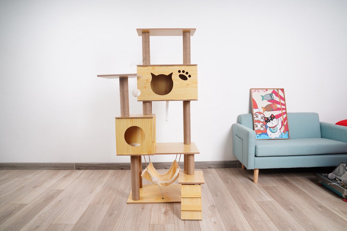  Katten Krabpaal - Houten Krabpaal - 150cm Hoog - Hout - Sisal