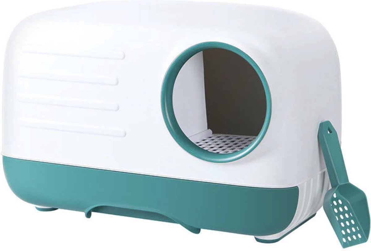 Merkloos PETLUX® XL Kattenbak Retro Design Met Lade, Schep En Opbergruimte - Grote Kattenbak - Kaki