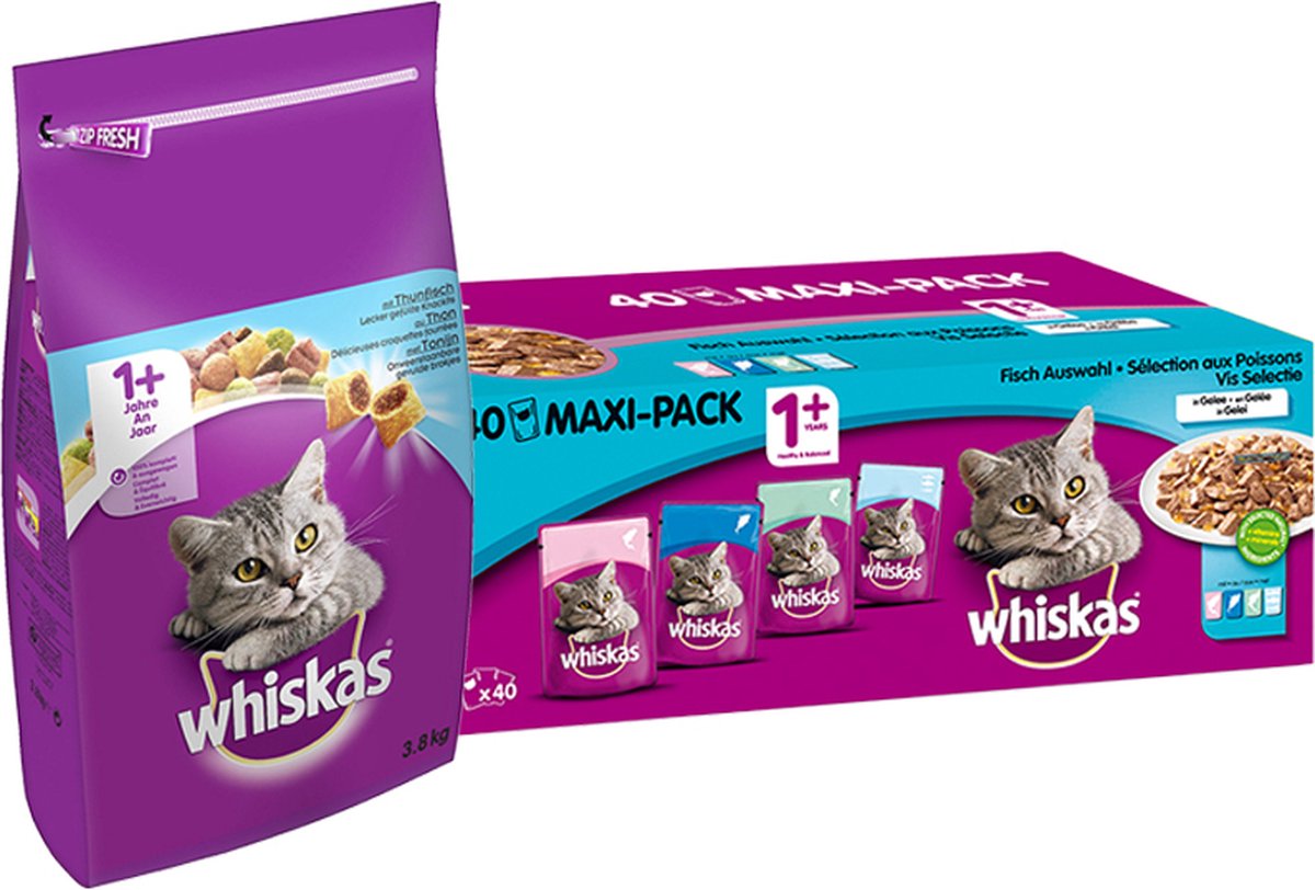  Whiskas Kattenvoeding Weekbundel Vis - Droogvoer + Natvoer - 7800g