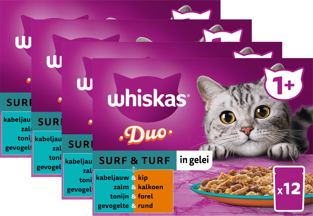  Whiskas 1+ Natvoer - Duo Surf &amp; Turf - Selectie In Gelei - Maaltijdzakjes 48 X 85 G