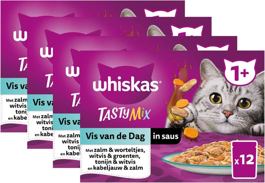  Whiskas 1+ Natvoer - Tasty Mix - Vis Van De Dag In Saus - Maaltijdzakjes 48 X 85 G