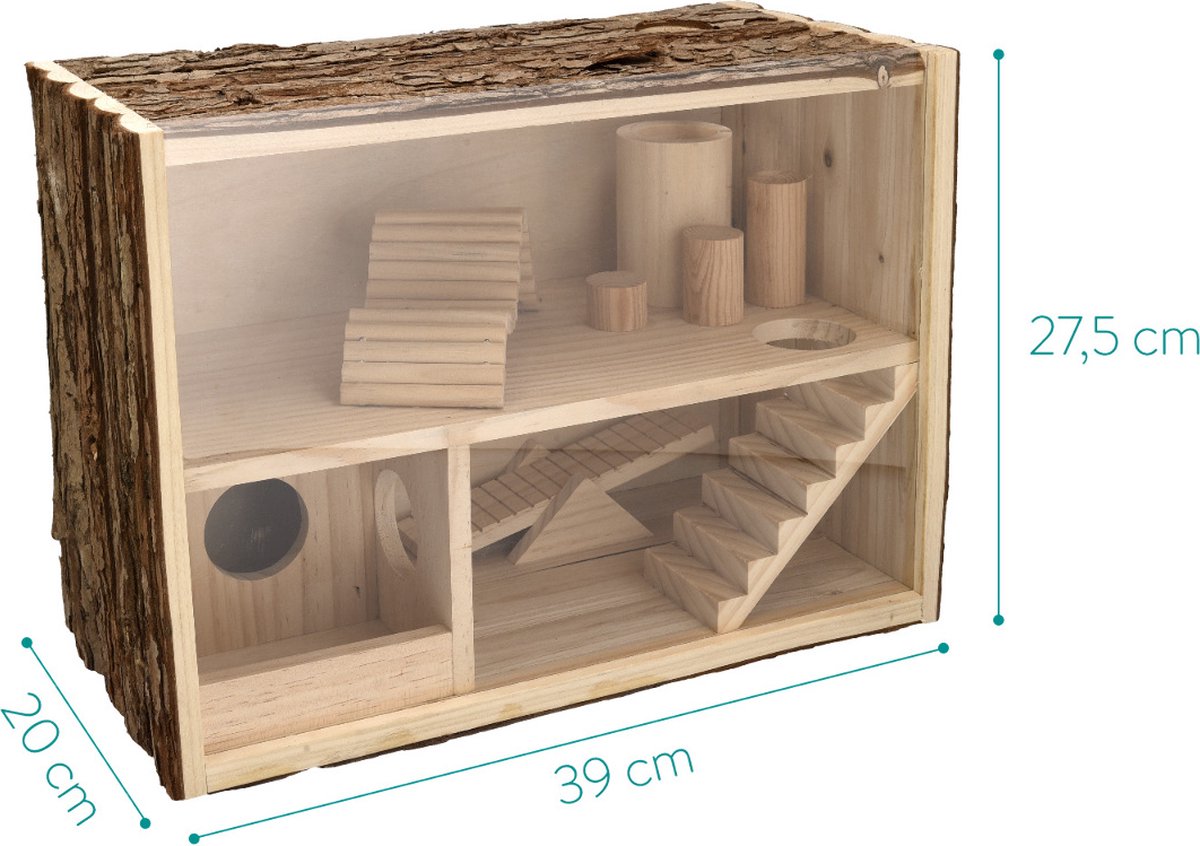  Navaris Houten Hamsterhuis - Speelhut Voor Hamsters, Kleine Knaagdieren, Gerbils, Muizen - Schuilplaats Op Twee Etages Voor Hamster, Cavia, Muis