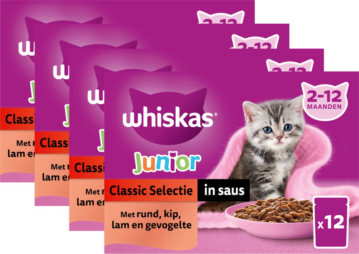  Whiskas Junior Natvoer - Classic - Selectie In Saus - Maaltijdzakjes 48 X 85 G