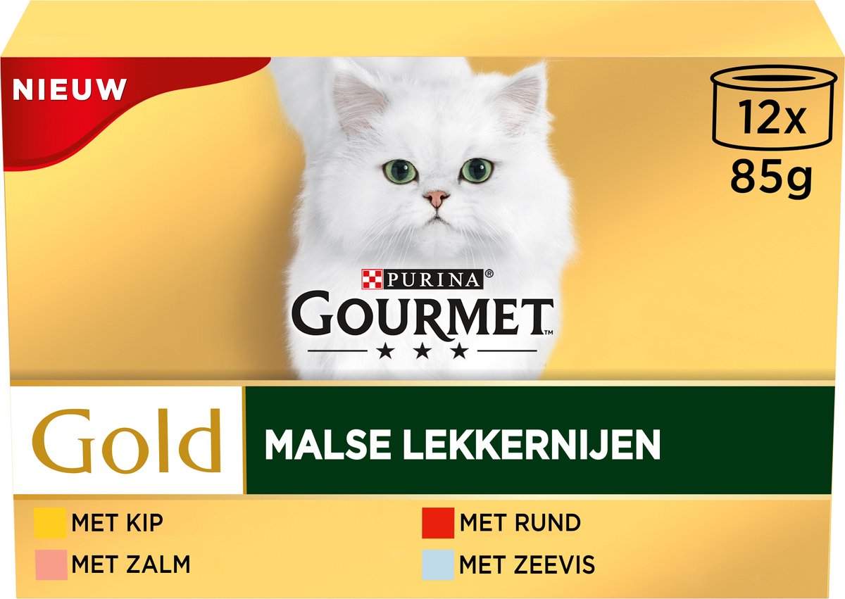  Gourmet Gold Malse Lekkernijen – Kattenvoer Natvoer - Met Kip, Zalm, Rund, Zeevis – 48 X 85 Gr