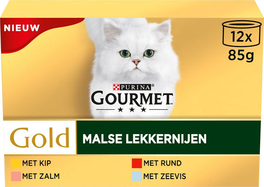  Gourmet Gold Malse Lekkernijen – Kattenvoer Natvoer - Met Kip, Zalm, Rund, Zeevis – 48 X 85 Gr