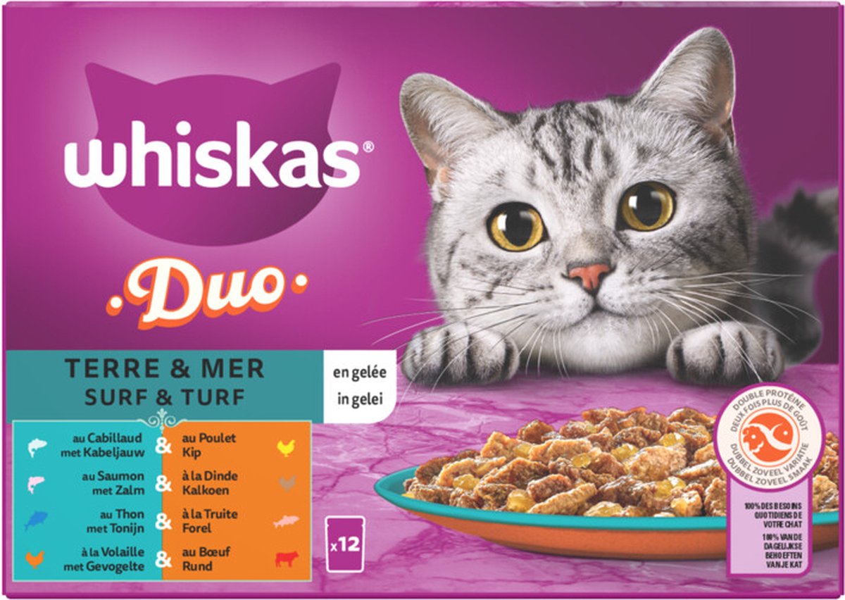  Whiskas 1+ Natvoer - Duo Surf &amp; Turf - Selectie In Gelei - Maaltijdzakjes 48 X 85 G