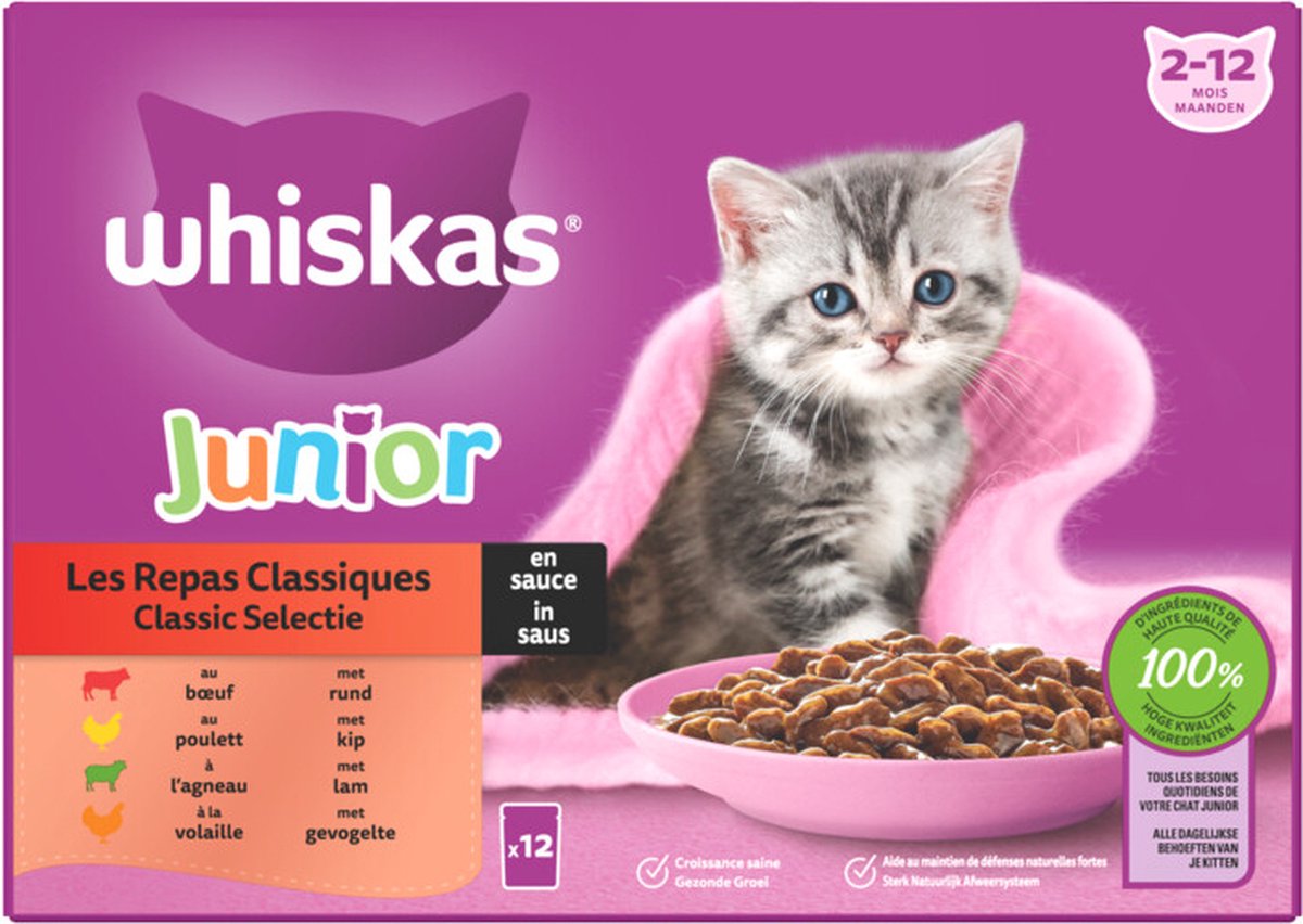 Whiskas Junior Natvoer - Classic - Selectie In Saus - Maaltijdzakjes 48 X 85 G