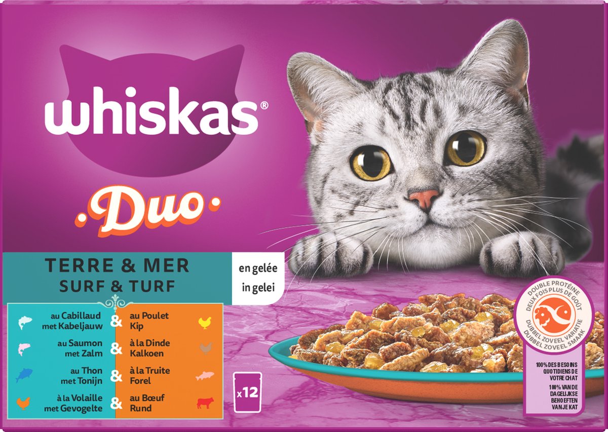  Whiskas 1+ Natvoer - Duo Surf &amp; Turf - Selectie In Gelei - Maaltijdzakjes 48 X 85 G