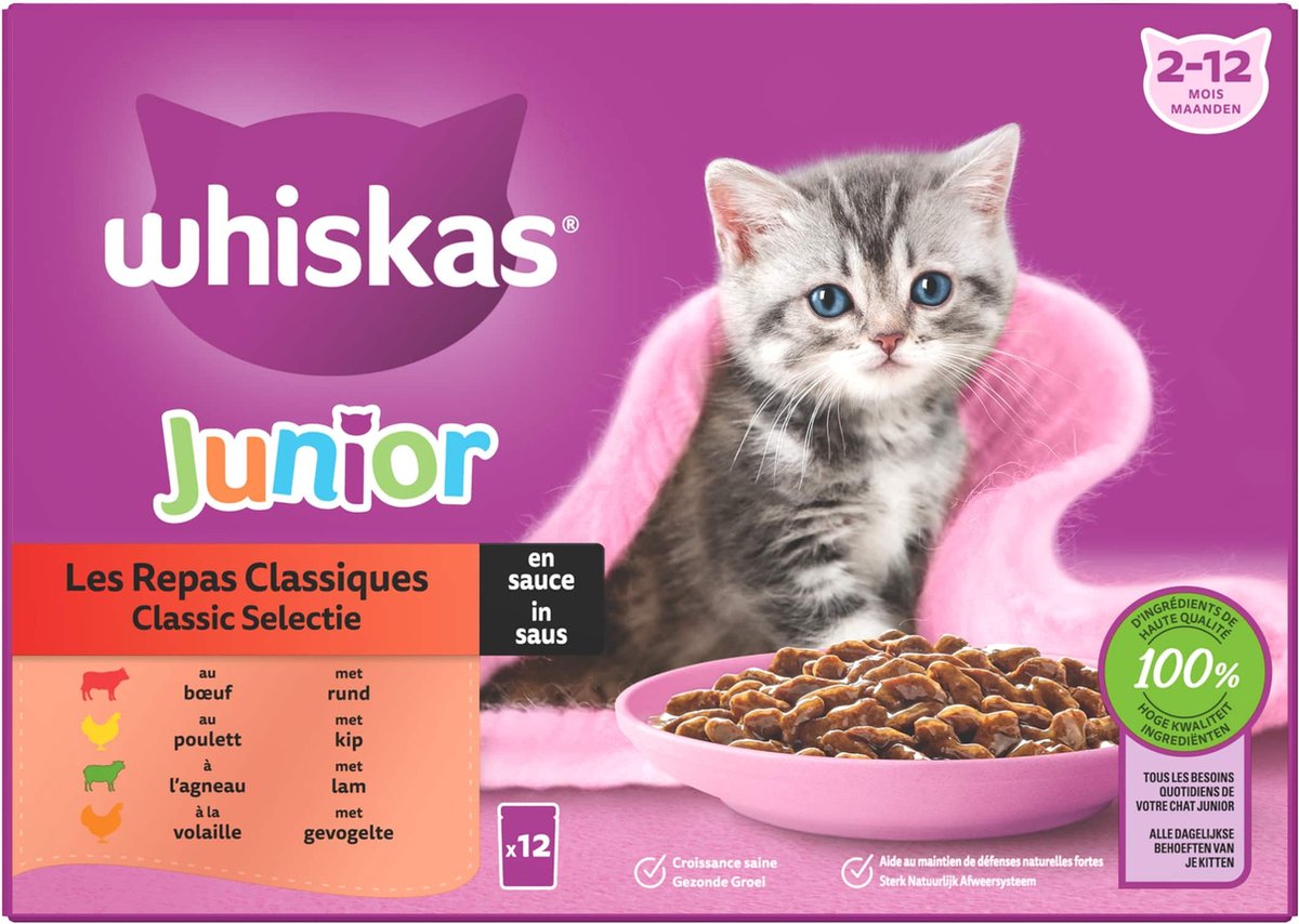  Whiskas Junior Natvoer - Classic - Selectie In Saus - Maaltijdzakjes 48 X 85 G
