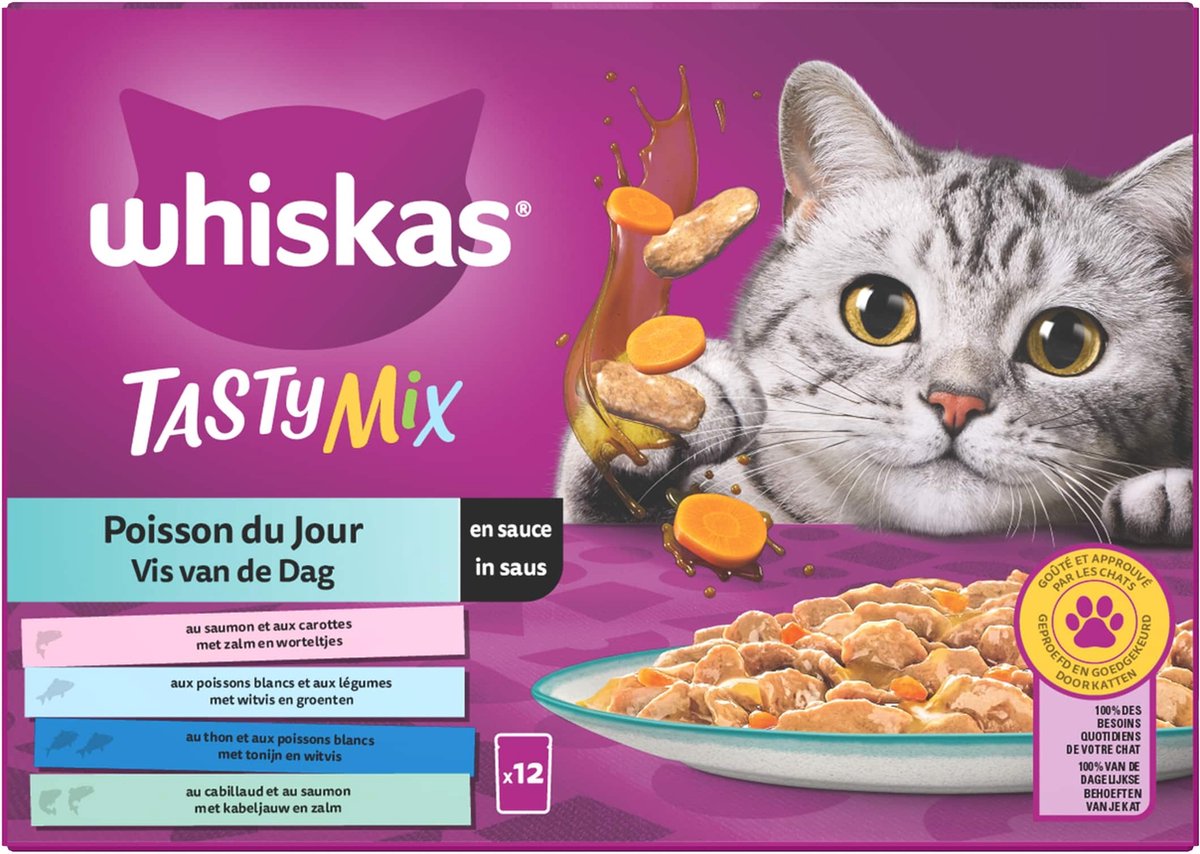  Whiskas 1+ Natvoer - Tasty Mix - Vis Van De Dag In Saus - Maaltijdzakjes 48 X 85 G