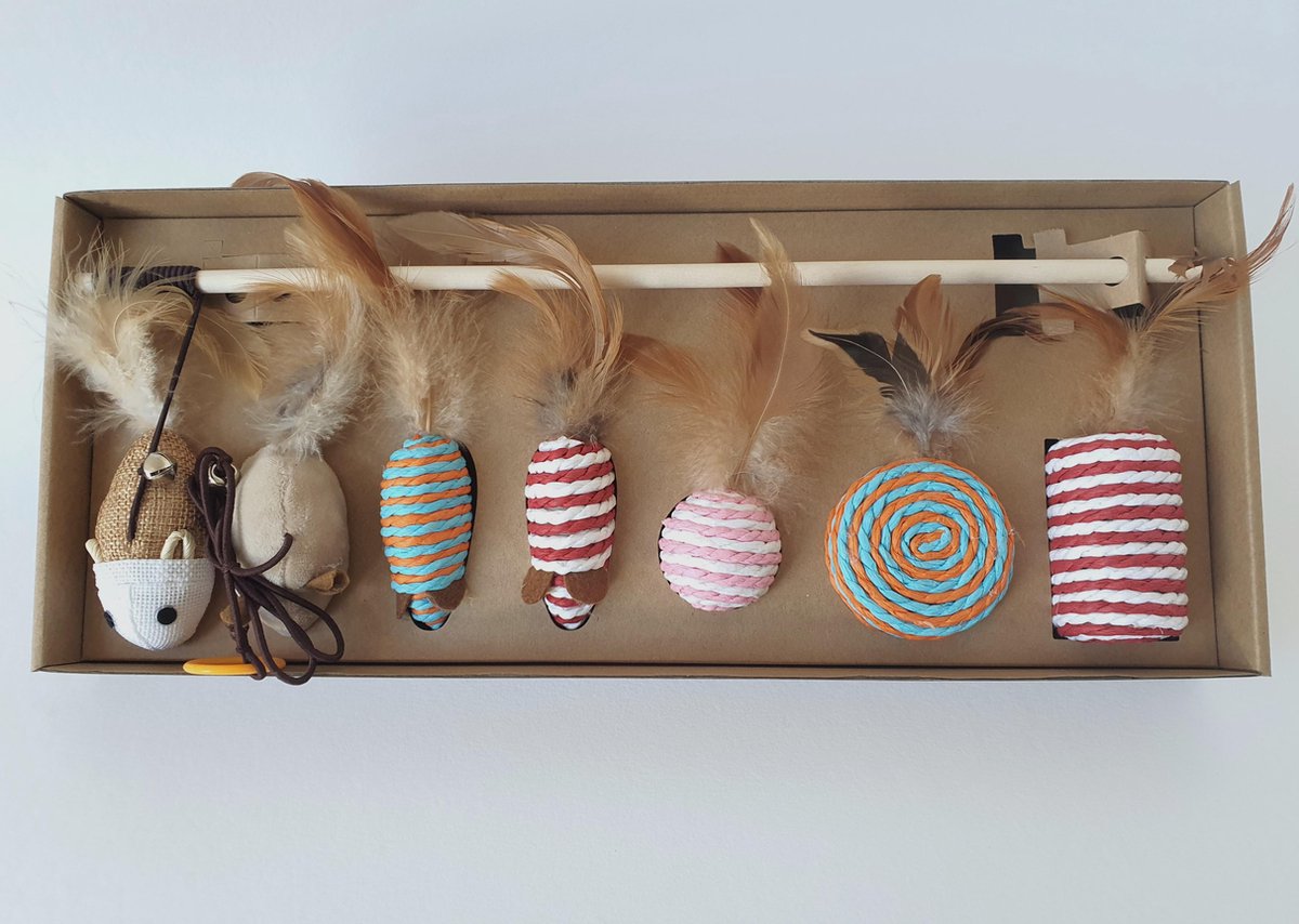  Make Life Beautiful® - Kattenspeeltjes Set - 7-delig - Kattenspeelgoed - Kattenhengel - Speelmuisjes - Kattenspeelgoed Set