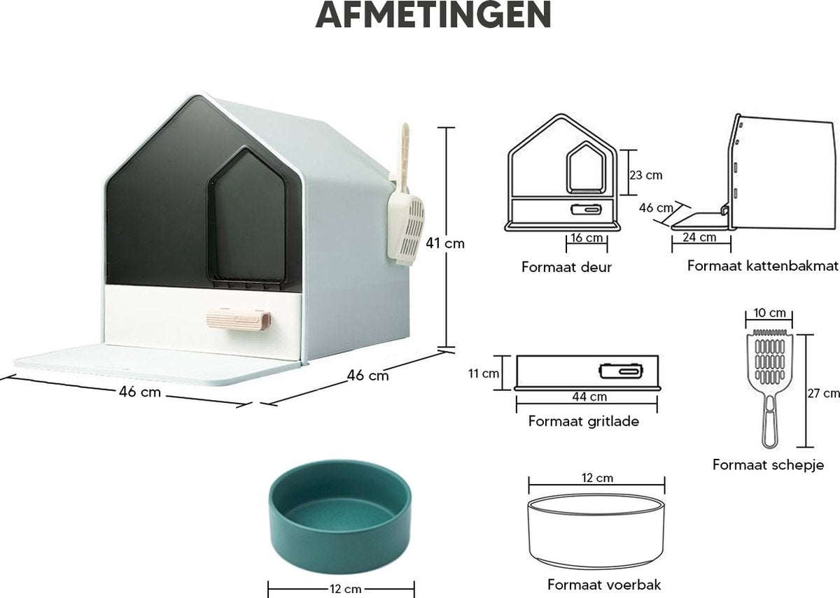  Kattenbak Villa Met Dubbele Voerbak En Kattenbakmat – Kat - Drinkbak – Modern En Stijlvol - Design - Groen