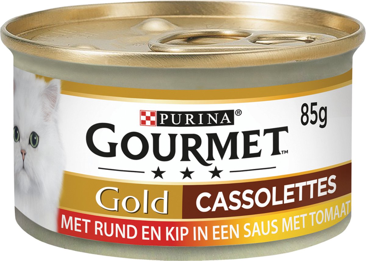 Gourmet Gold Cassolettes - Kattenvoer Natvoer - Rund En Kip In Een Saus Van Tomaat - 24 X 85 Gr