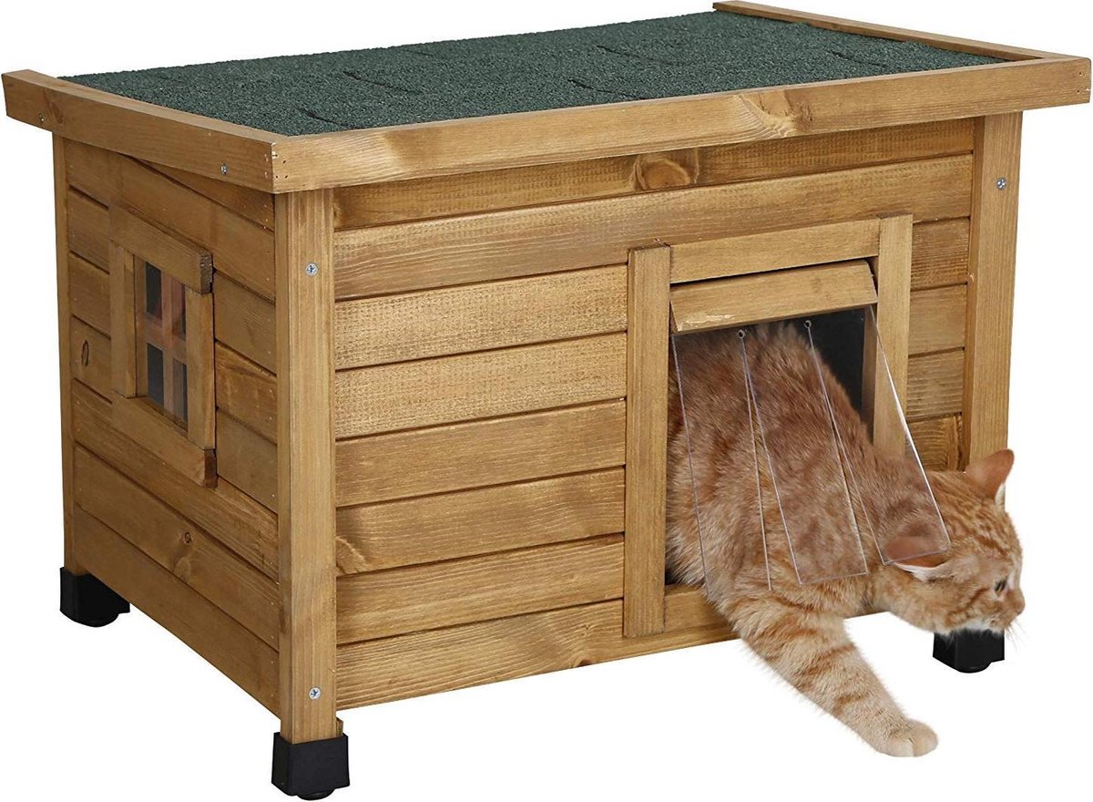 Merkloos Rexa® Kattenhuisje Van Dennenhout 57x45x43cm | Kattenmand Voor Buiten Of In Huis | Beschermt Kat Tegen Kou En Geeft Veilig Gevoel | Makkelijke Ingang | Hoogwaardig Hout | Kattenbak | Katten Huis