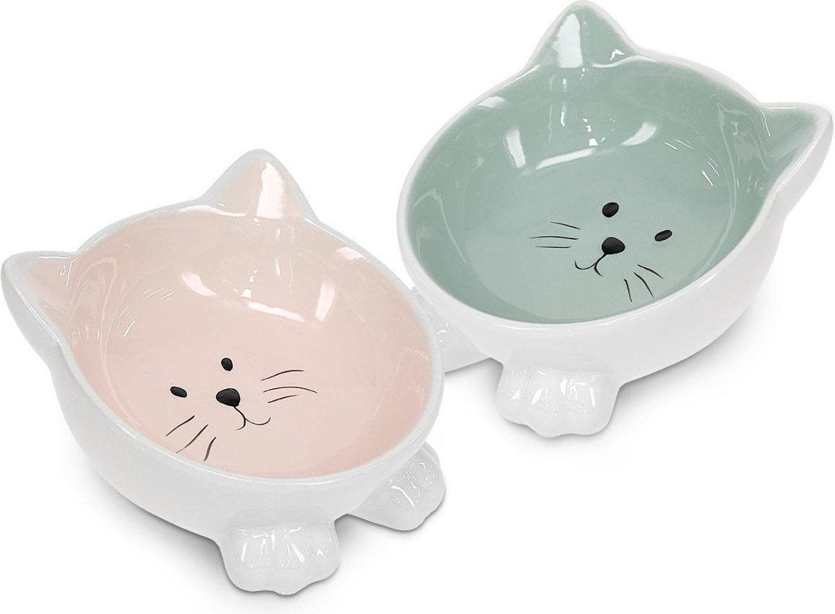  Navaris Voerbakjes Voor Katten - Set Van 2 Voer- En Waterbakken - Etensbak Van Keramiek - Met Antislip Voetjes - Kattenvorm - Roze/Groen